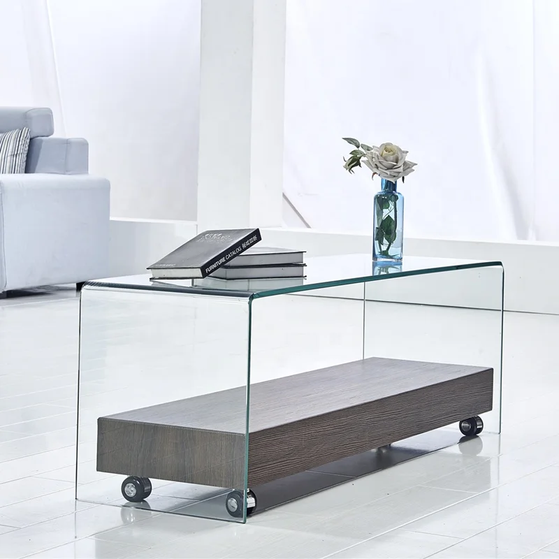 
New Classic Living Room Furniture Sets Cheap Price Tempered Hot Bent Glass LCD TV Stand Design With Movable Pulley MDF Base 