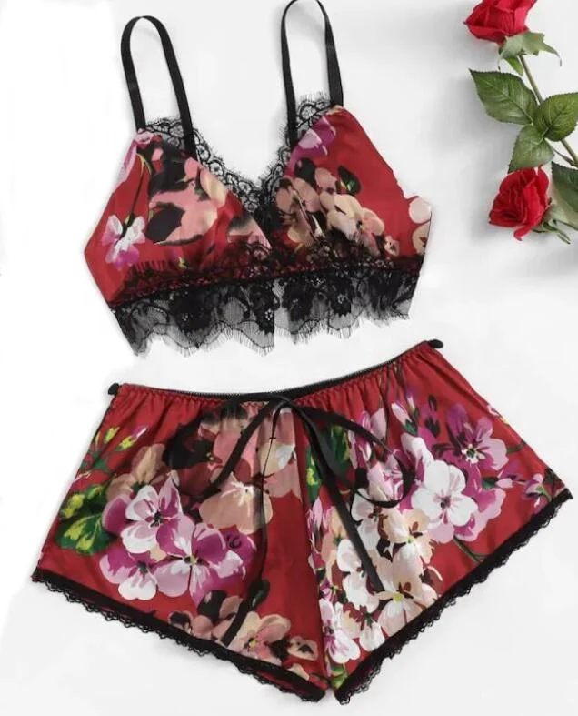 ladies floral pattern satin pajamas set with lace edge sexy sleepwear