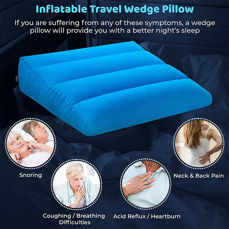 Inflatable Portable Bed Wedge Pillow with Velour Surface for Sleeping, Trip Vacation, Horizontal Indentation Prevent Sliding