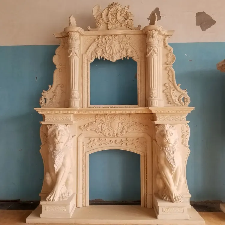 100% Hand Carved 2 Layers Marble Antique Lion Fireplace Mantel