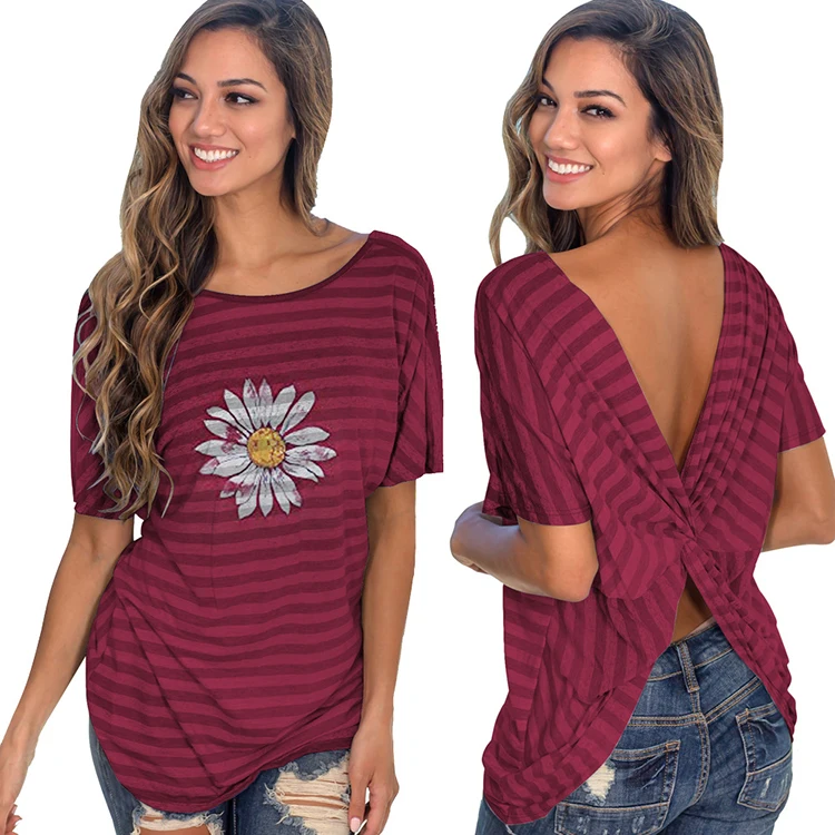 Women Apparel Sunflower Print T Shirts Cross Back Twist Knot Loose Open Back Blouses Tops