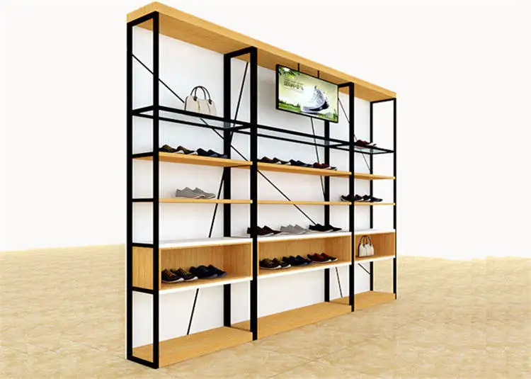 Customized Design Modern Shoes Shop Wooden Metal Wall Display Racks Shoe Display Fixtures Easy Install For Shoe Store