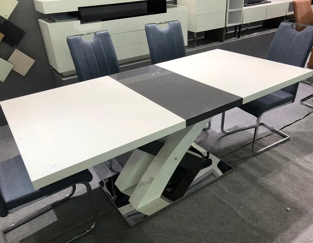Helen wholesales cheapest high gloss new model white powder coating MDF top adjustable expandable dining table with cross leg