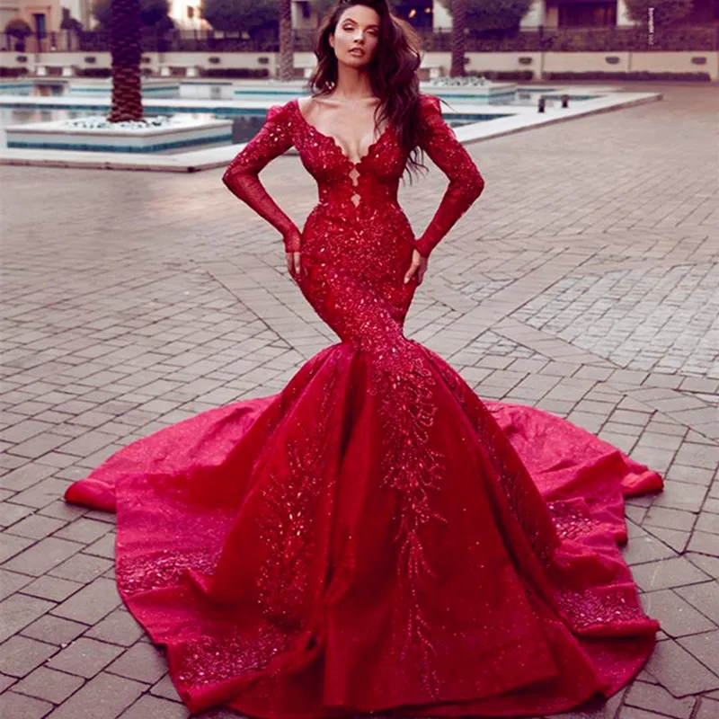 Luxury Dark Red Wedding Dresses African Bridal dress Sexy Mermaid wedding Gown With Long Sleeve wedding dress 2021