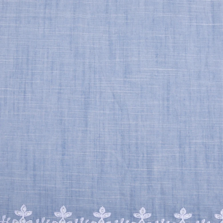 New design cotton single border eyelet embroidery stock voile yarn dyed embroidery lace fabric blue