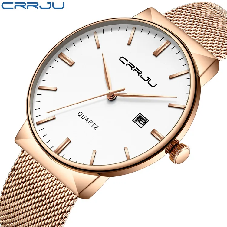 
Wholesale CRRJU Mens Watches Top Luxury brand steel Slim Quartz Black Watch For Men 