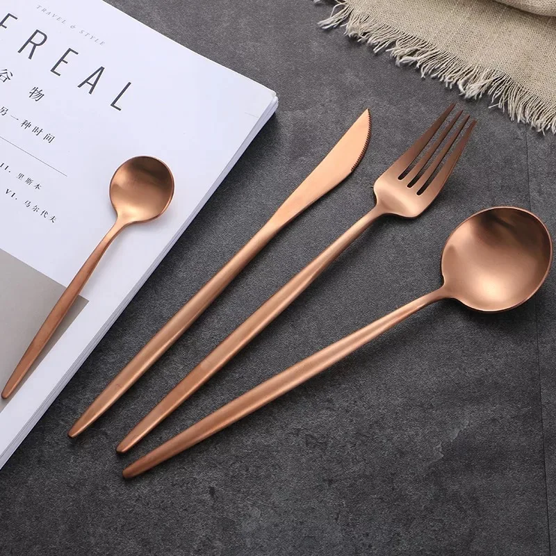 Copper Metal Flatware Stainless Steel  Spoon Fork and Knife Sets Matte Rose Gold Cutlery