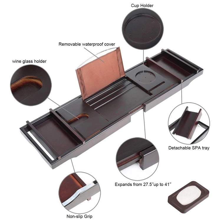 Luxury Black color Bath Bamboo Wooden Bathtub Caddy Tray