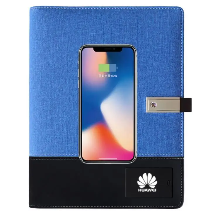 2021 Wholesale A5 Promotion Wireless PowerBank diary with 8GB USB Flash Drive LED Light Logo PU Leather Power bank Notebook