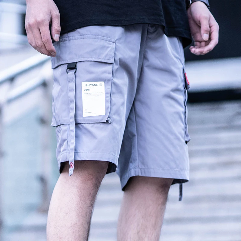 Killwinner solid color 100 polyester overalls men summer casual loose printed ribbon multi pockets cargo shorts