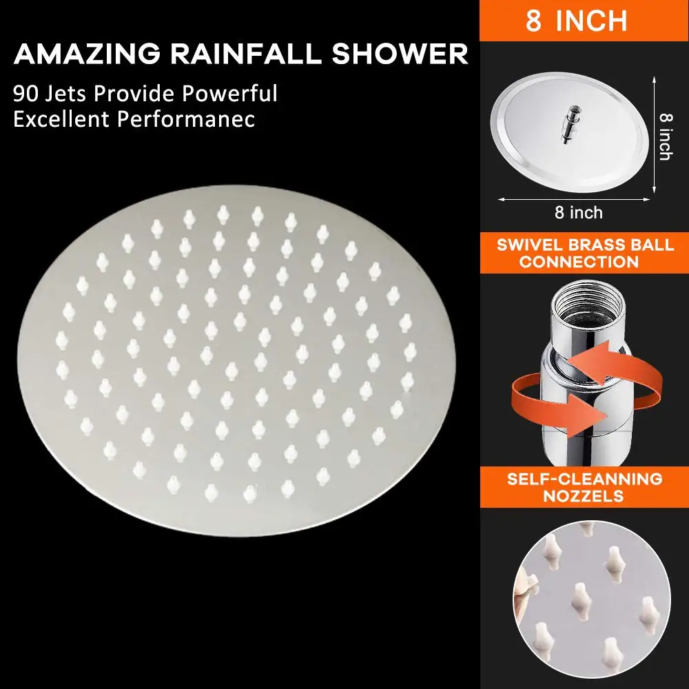 HIGH PRESSURE Stainless Steel Rainfall Shower Head, 8 Inch, Ultra-Thin Pressure Boosting, Awesome Shower Experience Even At L
