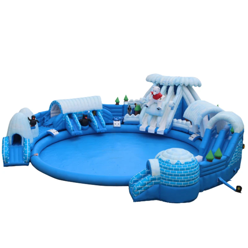 Export to malaysia ice and snow world theme inflatable water slide with pool for kids and adults, inflatable water park for sale
