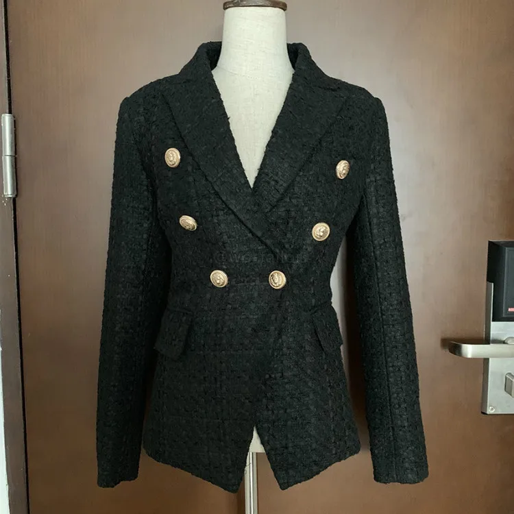 Wholesale long sleeved black blazer double breasted tweed jacket coat for work women