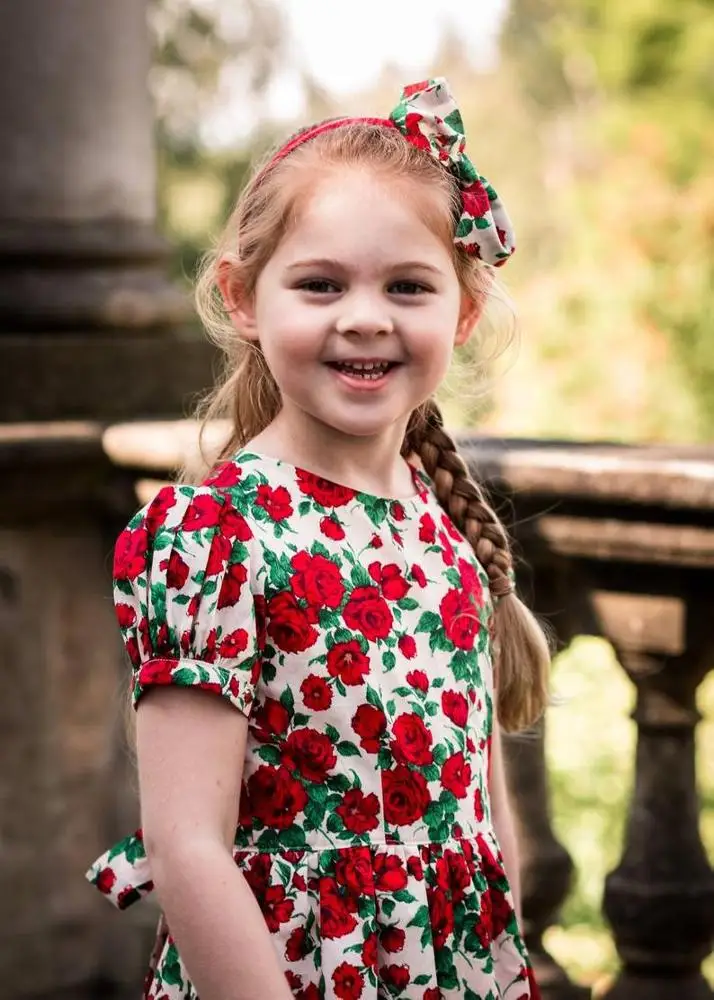 Girls Print Dress For Summer Red Flower Dresses