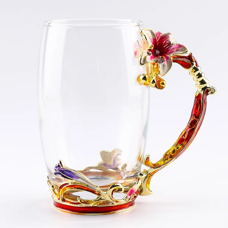 
Creative Lily Enamel Cup Carved Diamond Flower Tea or Coffee Cup Crystal Heat Resistant Glass Water Cup 