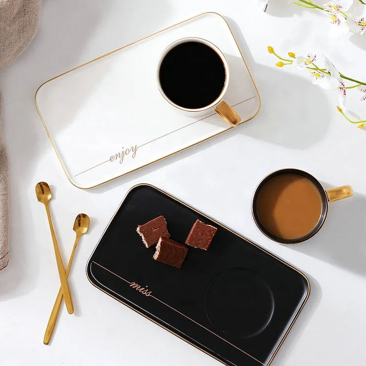 Wholesale home goods breakfast couple ceramic stoneware coffee cup saucer with golden intersperse