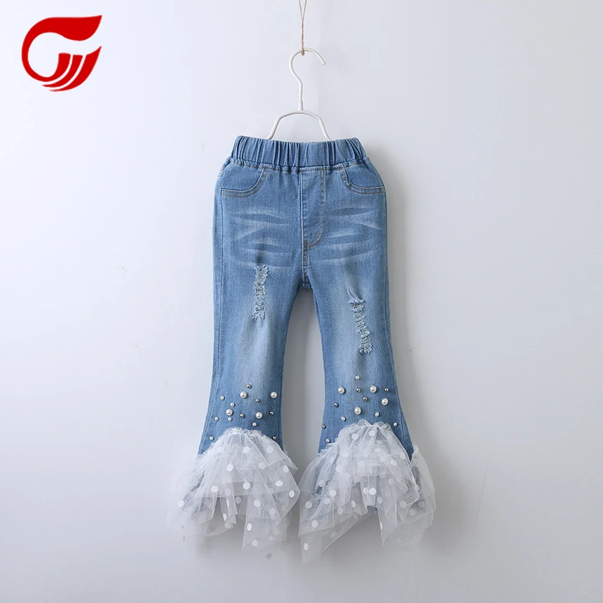 Заводские oem джинсовые брюки для девочек с лоскутными брюками из Кружевной Вуали