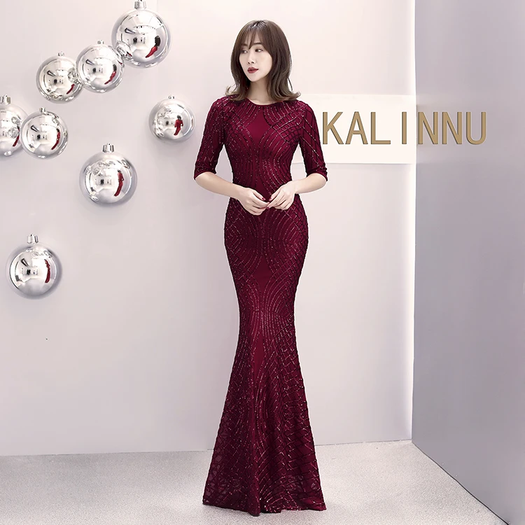 16001#European and American Classical Fashion Long Sleeve Pearl Fillet Fishtail Evening Dress Banquet Dress  bobtail; evening we