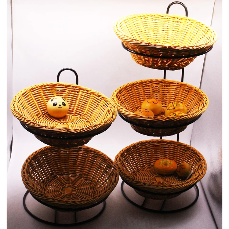 Hot sale  removable  round 3-tier  store meta wire  display rack  fruit display wire display rack bread with rattan baskets
