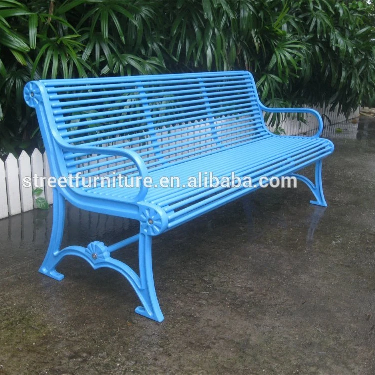 Metal outdoor bench for public park with cast iron bench legs