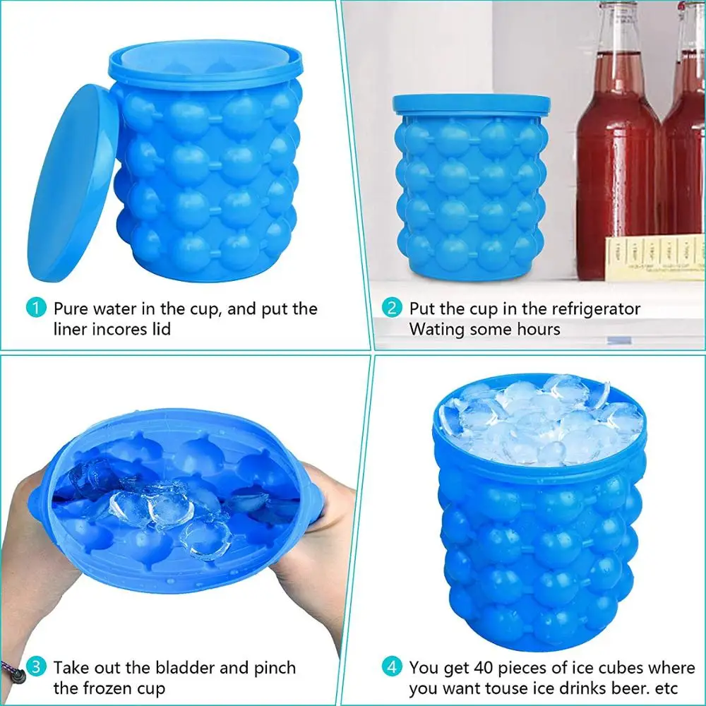 2019 Hot Selling Silicone Ice Bucket, 2 in 1 Space Saving Ice Cube Maker, Portable Silicon Rubber Ice Bucket with lid