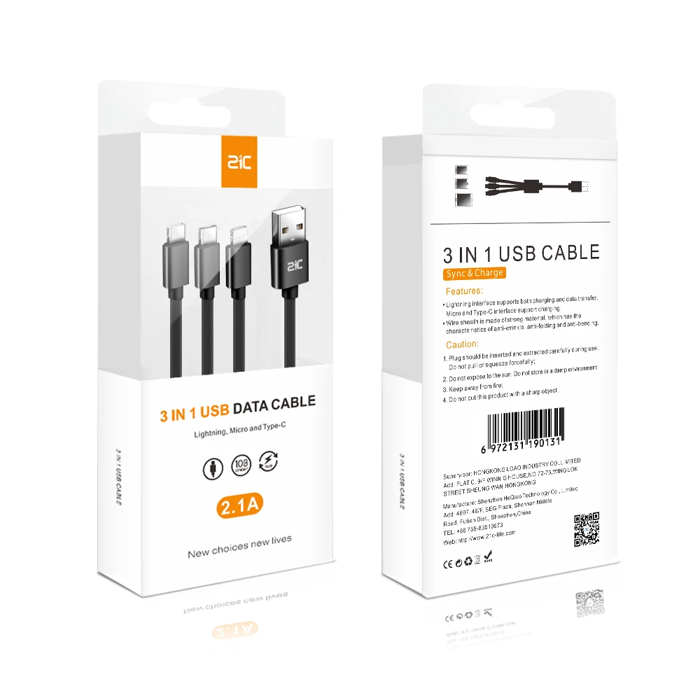 21C TPE 3 in 1 USB cable 2.1A quick charge Micro Type-C USB cable for android for ios for Samsun for any smart phones