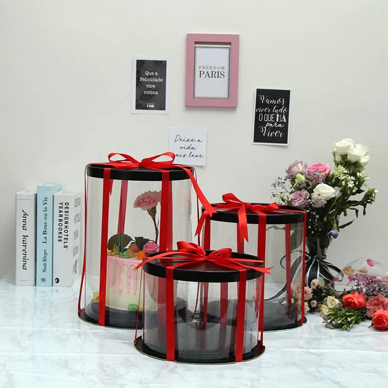 Doll Dust proof Flower Storage Transparent Black PET Plastic Round Tall Decorative Storage Cake Box