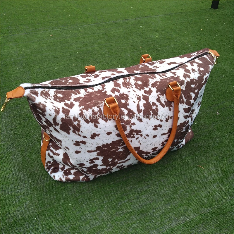 
Hot Sale Monogrammed Faux Fur Black Cowhide Cow Print Travel Weekender Bag 