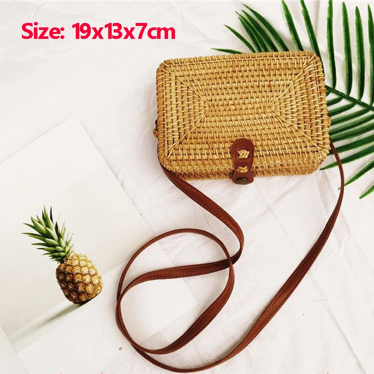 Indonesia Natural Handmade Summer Tour Beach Shoulder Sling Bag Square Shape Small Rattan Bag