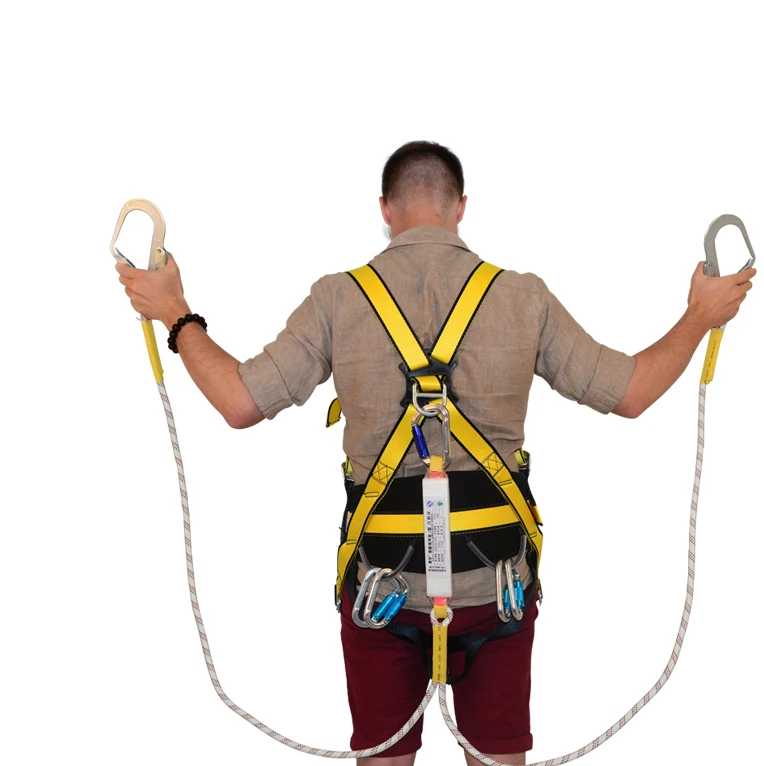 Adjustable fall protection full body safety harness with double lanyard construction