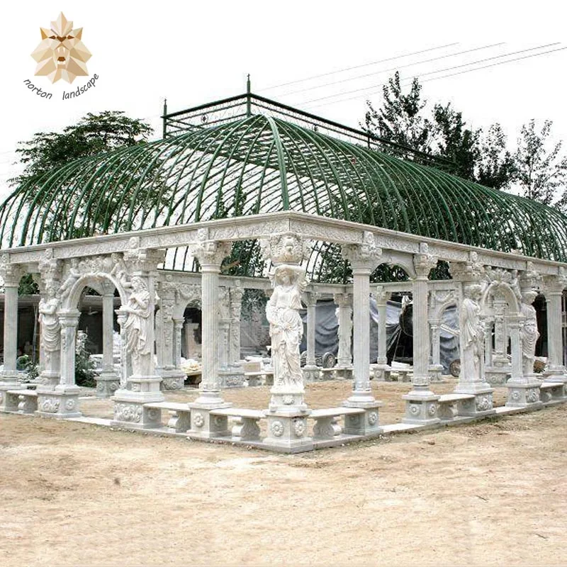 Custom outdoor garden big natural stone carving white marble gazebo with metal roof NTMG-280S