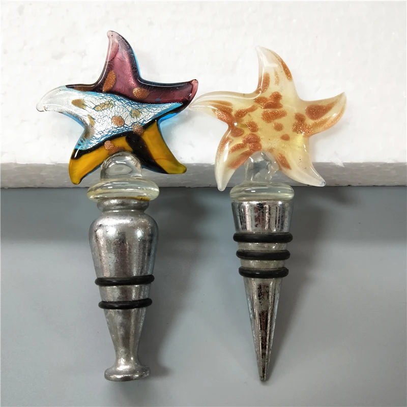 decorative colorful seastar murano glass wine bottle stopper