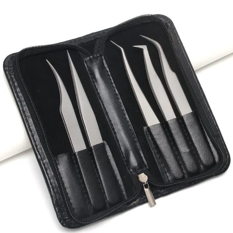 
Factory Supplying Stainless Steel Silver Color False Eyelashes Applicator Eyelash Extention Tweezers with PU Case 