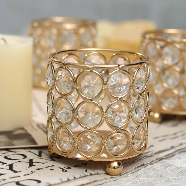 Christmas Gold Home Decor Table Centerpieces Cylinder Crystal Tealight Candle Holder Wedding Party Decoration