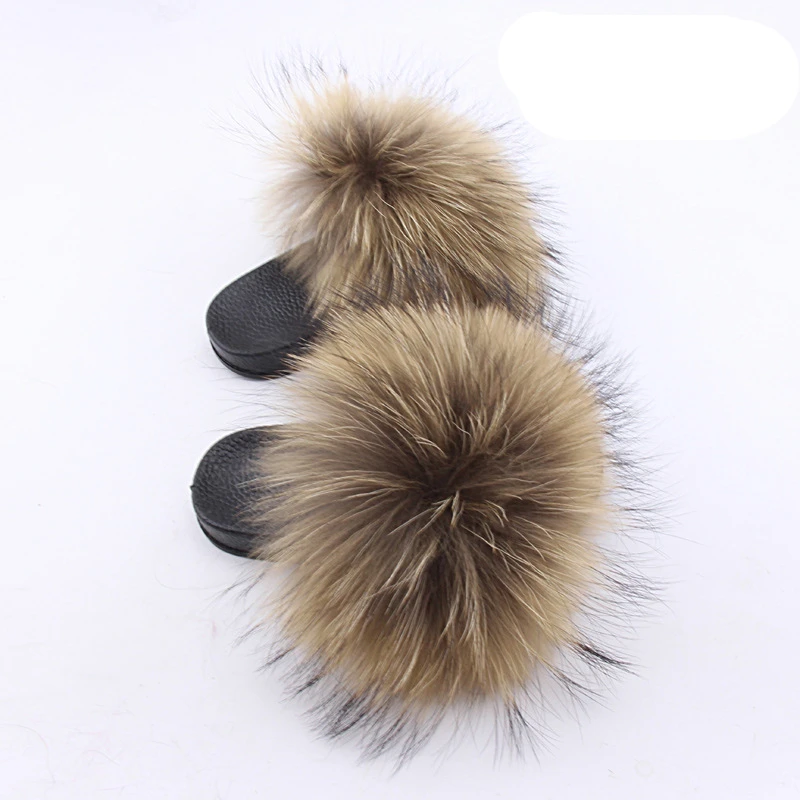 Cheap Price Jtfur Raccoon Fur Pom Pom Kid Sandal Slides For Women And Baby Kids With Fur