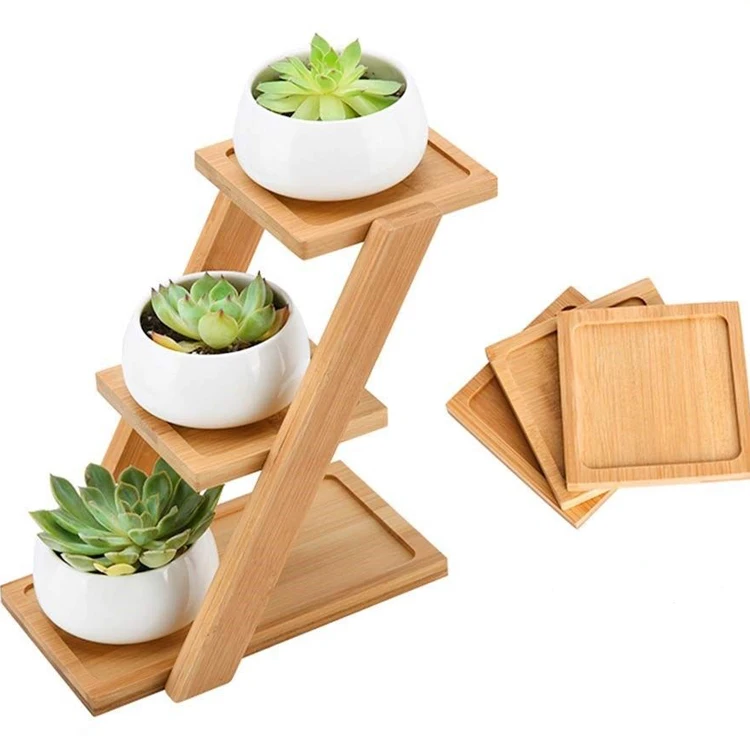 3 Tier Plant Stand Square Bamboo Wooden Tray Stand Cactus Flower Pots Planter Holder