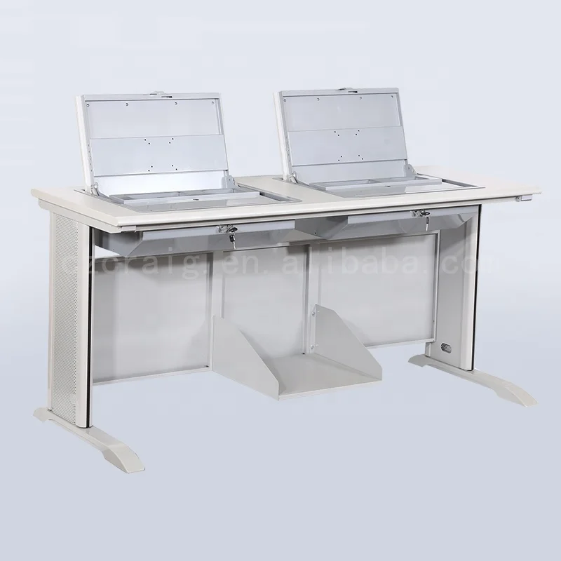 Manual double seat  student computer desk steel hidden monitor table