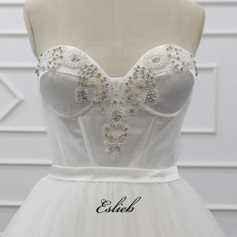 Eslieb 2019  new women sleeveless ivory wedding dress satin beautiful  bead long ball gown