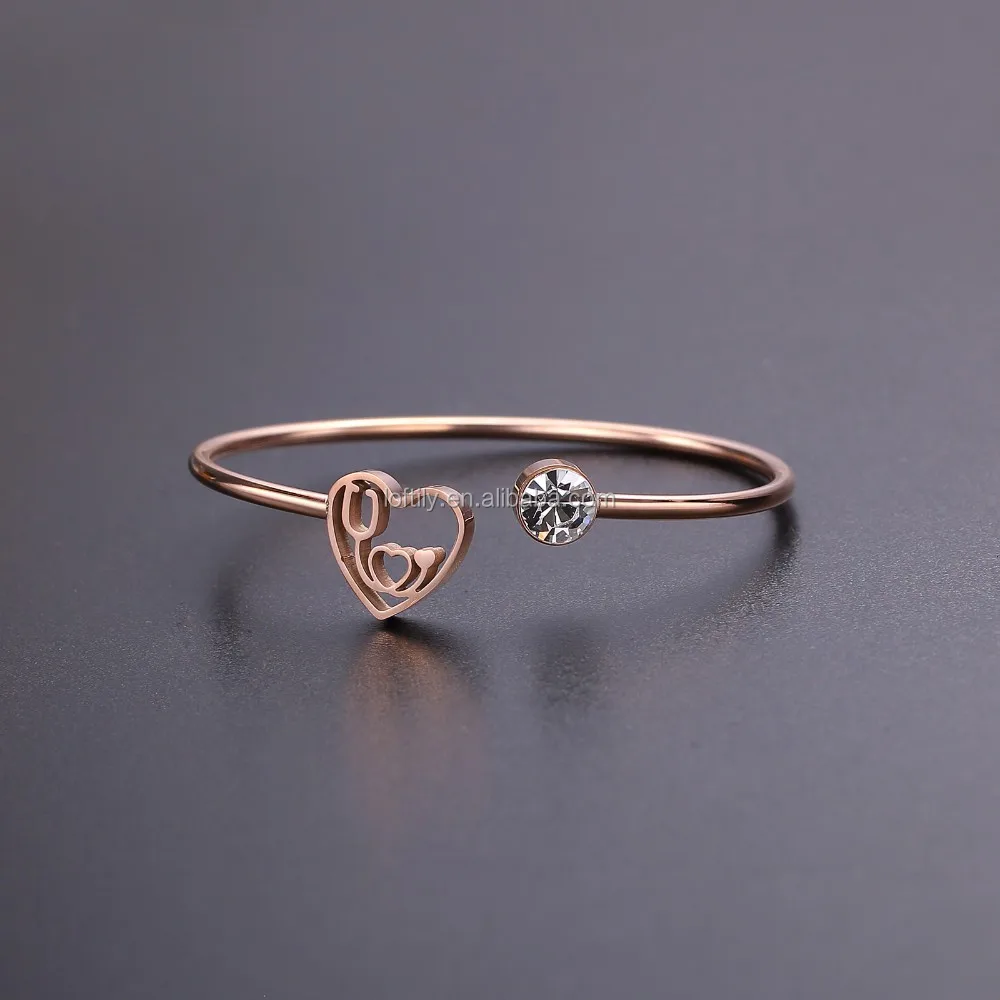 Loftily Jewelry Premium Stainless Steel Heart Diamond Cuff Bracelets Bangle for Women Fashion Bangle
