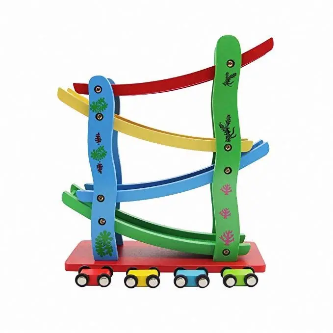 
Wholesale educational wooden small car toy ramp racer track slide car roller coaster slide four layers for kids toys 