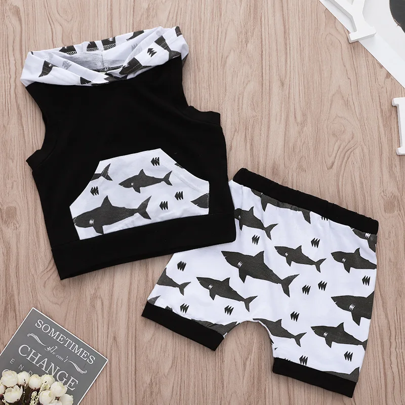 
2019 summer kids cotton shark print hoodies top tshirt & baby animal pp pants shorts 2pc set 