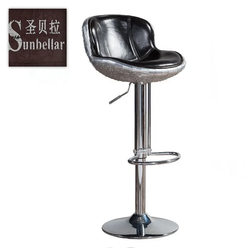 retro brown leather swivel bar stools chair aviation Aluminium finish genuine leather high bar chairs high end antique bar chair