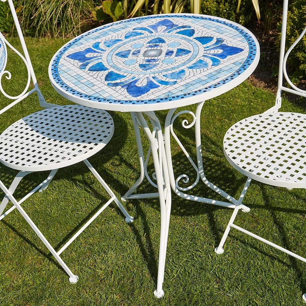 White Blue Mosaic Bistro Set Patio Garden Table and 2 Chairs