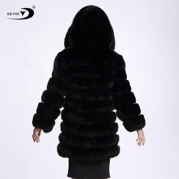 2022 Custom Design Pattern Logo Fashion Long Black Fur Coat Winter Women Faux Fox Fur Coat with Hood