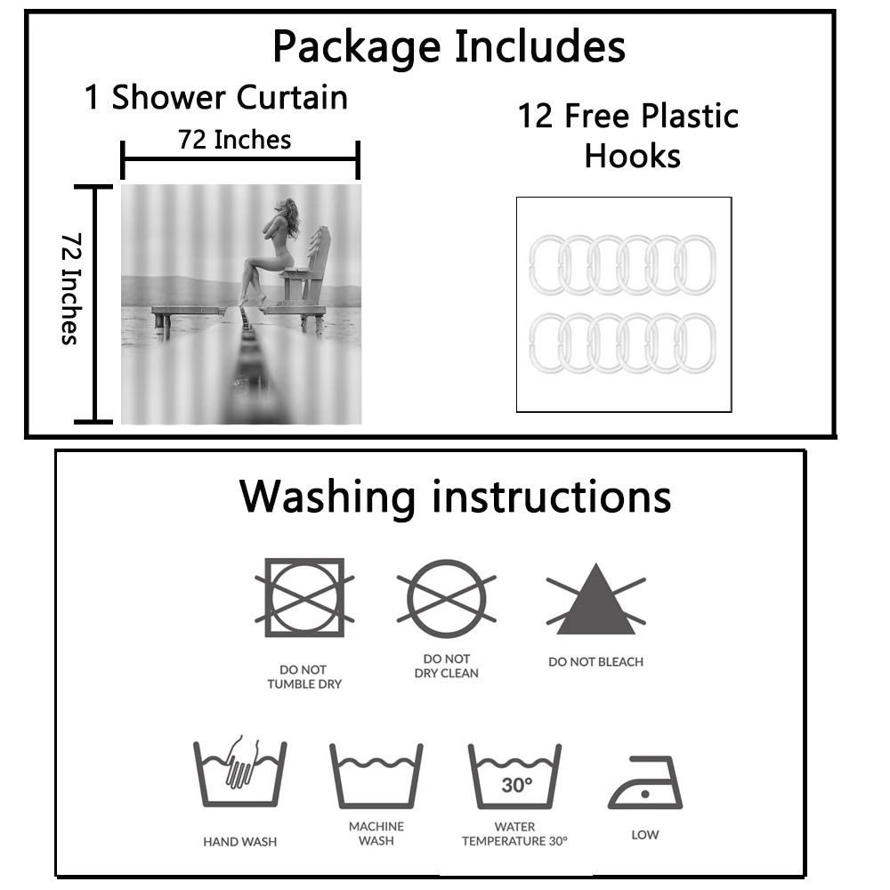 Sexy Girl Ocean Landscape Picture Shower Curtain Nude Woman Bath Curtain Black and White Bathroom Decor 1.8mx1.8m