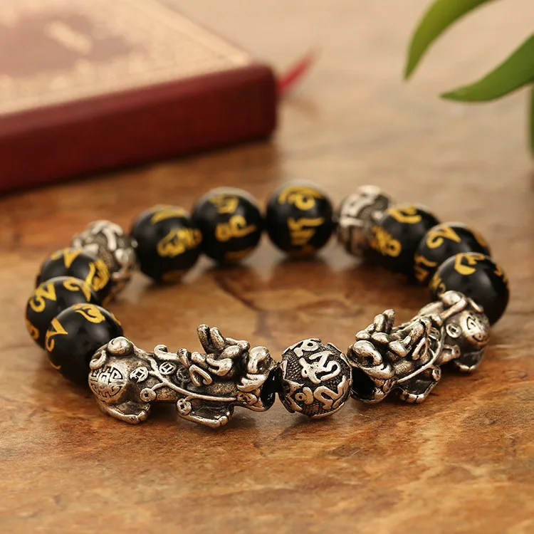 Wholesale High Quality Antique Silver Feng Shui Lucky Pixiu Bracelet Obsidian Beads Cuff Bracelet for Men Women