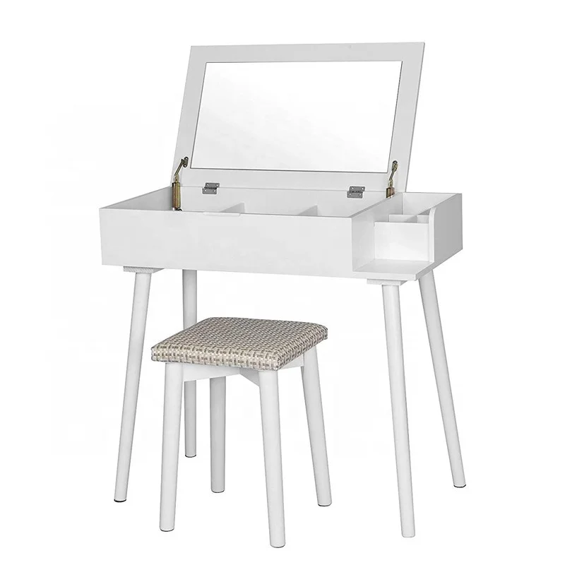 White Dressing Table with Foldable Mirror and Stool Makeup Vanity Table Bedroom Dresser Set with 10 Compartments for Storage