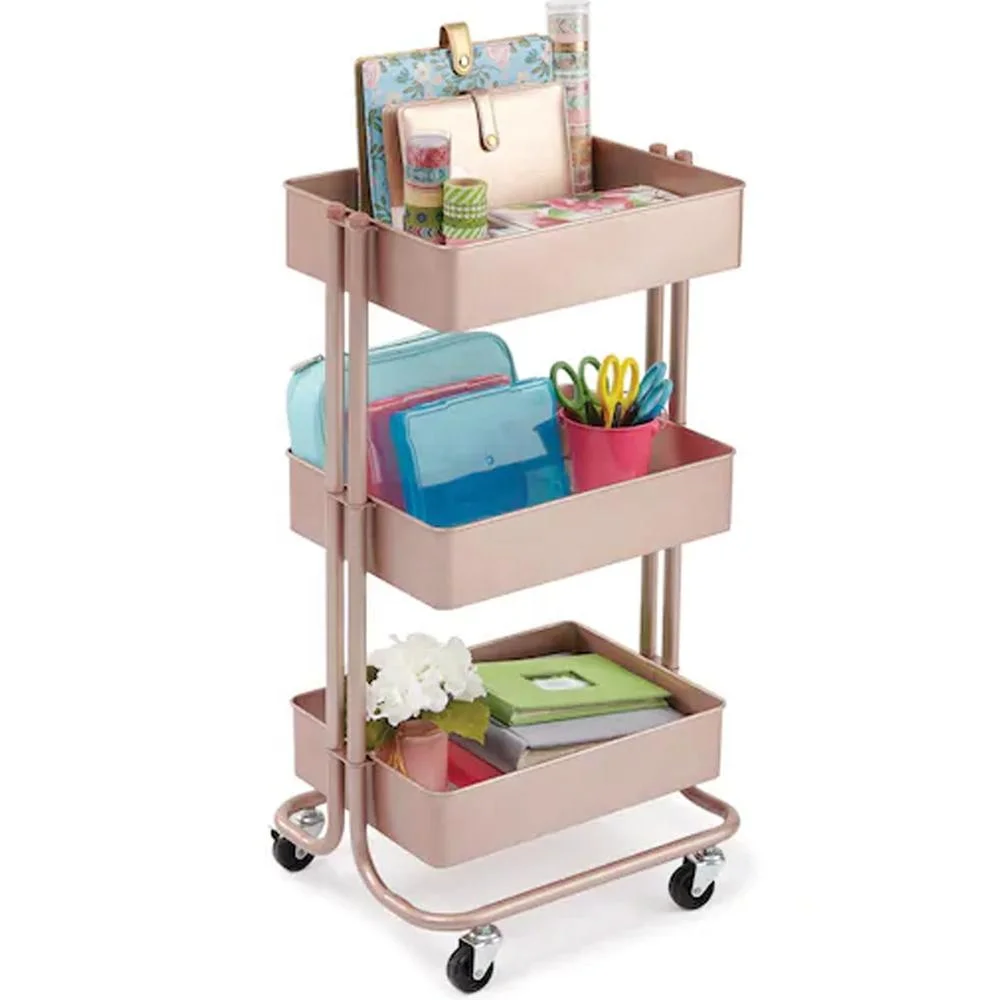 Metal stainless steel rolling storage organizer kitchen hand push  food utility trolley cart for 3 shelves