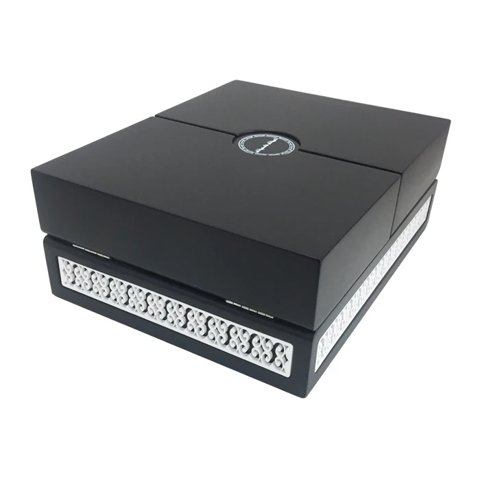
Custom luxury black matt finish wooden gift packaging box with engaved pattern 