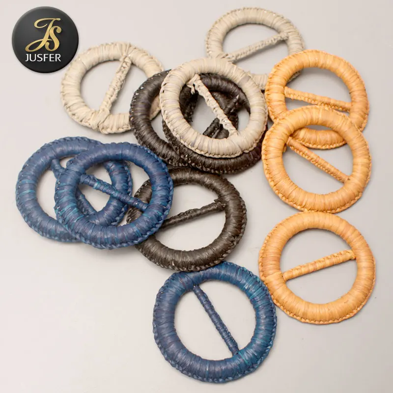 New Design round metal hand weaving belt buckle with raffia